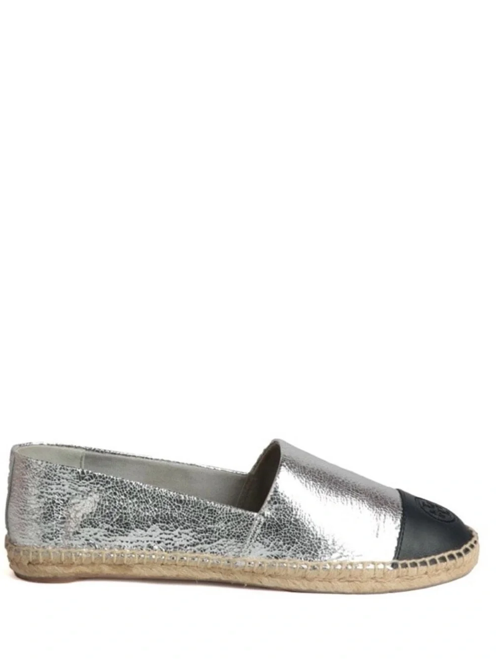 Like new Tory Burch Silver Leather Espadrille with Navy Logo Cap size 9.